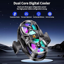 Load image into Gallery viewer, Mobile Phone Cooler with RGB Backlight and Temp Display, Cellphone Cooling Fan with Dual Semi-Conductor Cooling Chip, Compatible for iPhones/Android Phone Width from 6 to 8 cm
