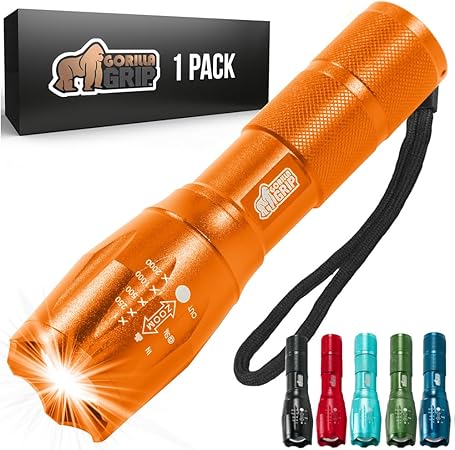 Gorilla Grip Powerful LED 750 FT Water Resistant 5 Adjustable Mode Tactical Flashlight, High Lumens Ultra Bright Battery Life Zoom Flashlights, Small Camping Car Mini Flash Light Accessories, Orange