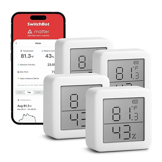 SwitchBot Smart Hygrometer Thermometer, Hygrometer Indoor Humidity Meter, Dewpoint/VPD/Absolute Humidity Sensor, Bluetooth Digital Temperature Monitor with Free Data Storage, 4-Pack