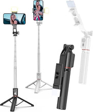 Load image into Gallery viewer, 2 Pack 51”Phone Tripod for iPhone with Light, Cell Phone Tripod Stand with Detachable Remote Control, Selfie Stick Compatible with iPhone Android Smartphone for Vlog Video Recording

