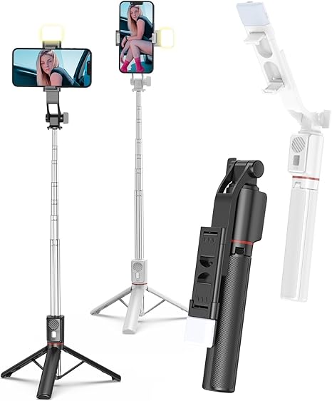 2 Pack 51”Phone Tripod for iPhone with Light, Cell Phone Tripod Stand with Detachable Remote Control, Selfie Stick Compatible with iPhone Android Smartphone for Vlog Video Recording
