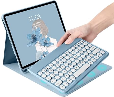 HENGHUI Keyboard Mouse for Galaxy Tab S9 FE+ / Tab S9 Plus/Tab S8 Plus/Tab S7 Plus/Tab S7 FE 12.4 inch Keyboard Case with Mouse Cute Round Key Detachable BT Color Keyboard Cover (MistyBlue)