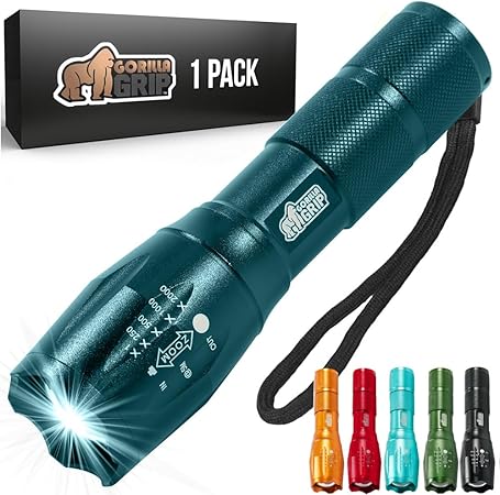 Gorilla Grip Powerful LED 750 FT Water Resistant 5 Adjustable Mode Tactical Flashlight, High Lumens Ultra Bright Battery Life Zoom Flashlights, Small Camping Car Mini Flash Light Accessories Teal Blue