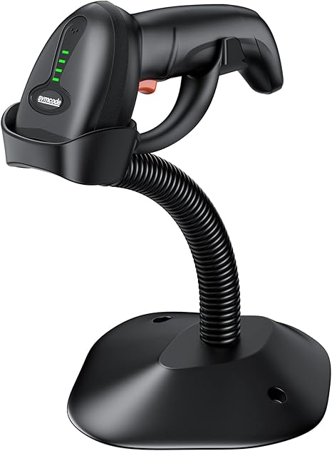 Symcode Barcode Scanner Wireless with Auto-Sensing Stand,Handheld 1D Laser Cordless Bar Code Scanner with Battery Level Indicator and Multiple Scanner to One Receiver