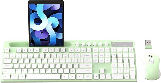 Wireless Keyboard and Mouse Combo, MARVO 2.4G Ergonomic Wireless Computer Keyboard with Phone Tablet Holder, Silent Mouse with 6 Button, Compatible with MacBook, Windows (Green)