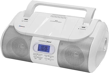 HANNLOMAX HX-318CD Portable CD/MP3/USB Boombox, FM PLL Radio, Bluetooth, 1 USB Port for MP3 Playback, 1 USB Port for 1A Charging, Aux-in Jack, Headphone Jack, AC/DC Dual Power Source. (White)