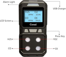 Load image into Gallery viewer, 4 Gas Monitor, Portable CO, H2S, O2,EX Gas Detector Meter - Ready to Use (Black)
