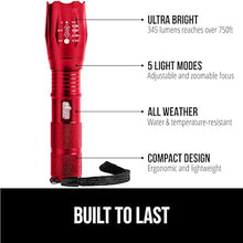 Load image into Gallery viewer, Gorilla Grip Powerful LED 750 FT Water Resistant 5 Adjustable Mode Tactical Flashlight, High Lumens Ultra Bright Zoom Flashlights, Stocking Stuffer Gift, Small Camping Car Mini Flash Light, Red
