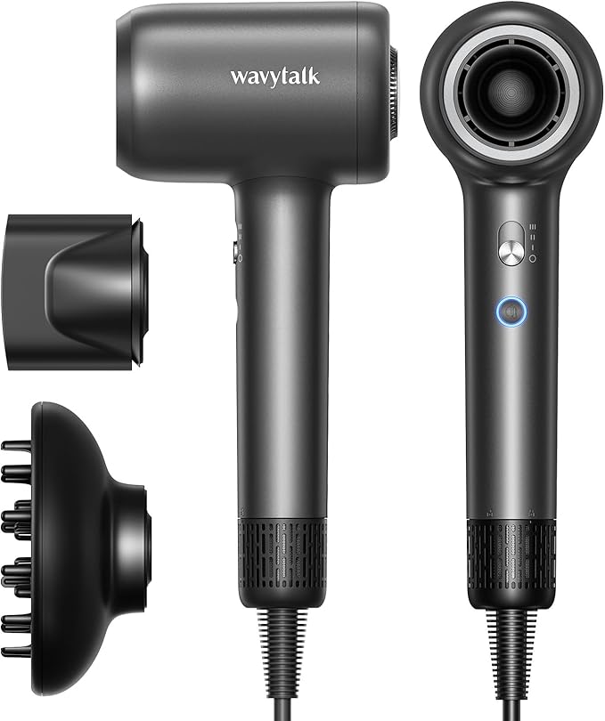 Hair Dryer, Wavytalk Hair Dryer with Diffuser Pro Fast Drying Hair Dryer 110,000 RPM with 2 Attachments, Professional Ionic Lightweight Hair Dryer Blow Dryer with 3 Speeds & 3 Temps, Black