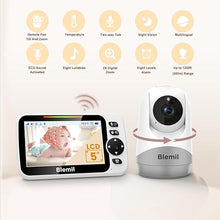 Load image into Gallery viewer, Baby Monitor with 30-Hour Battery, 5&quot; Large Split-Screen Video Baby Monitor with Camera and Audio, 3500mAh Battery, Remote Pan/Tilt/Zoom Camera, Two-Way Talk, Night Vision, Lullabies, No WiFi
