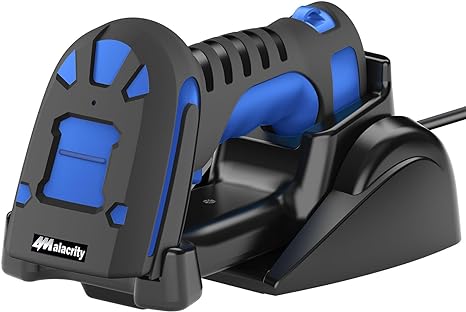 Alacrity Upgraded 2D Industrial Barcode Scanner with Wireless Charging Stand, 1968 Feet Transmission Distance 433Mhz Wireless & Bluetooth 2in1 Barcode Reader, Shock Dust Proof Hands Free, Blue