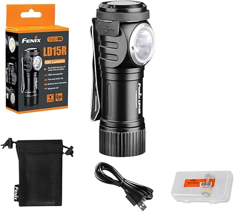 Fenix LD15R Right-Angle Flashlight, 500 Lumen Rechargeable White & Red LEDs Ultra Compact Mini Size, with Clip and LumenTac Organizer