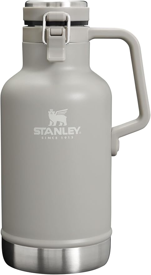 Stanley Classic Easy-Pour Growler, Insulated Growler Keeps Beer Cold & Carbonated made with Stainless Steel Interior, Durable Exterior Coating & Leak-Proof Lid, Easy to Carry Handle, 64 Oz, Ash