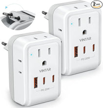 Load image into Gallery viewer, 2 Pack European Travel Plug Adapter, VINTAR PD 20W Foldable Type C Adapter with 4 AC Outlets 3 USB Ports(2 USB C), Travel Essentials Charger for US to Most of Europe EU Italy Spain France
