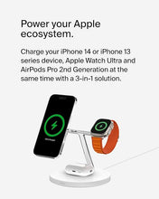 Load image into Gallery viewer, Belkin MagSafe Charger, 3-in-1 Wireless Charging Stand, 2ND GEN, 33% Faster for Apple Watch, iPhone 16, iPhone 15, iPhone 14 Series, AirPods - MagSafe Charging Station for Multiple Devices - White
