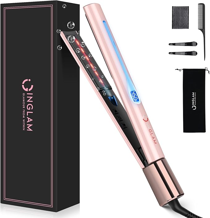 IG INGLAM Titanium Flat Iron Hair Straightener, Infrared Curling Iron 1 Inch, Negative Ionic Hair Iron Straightener 11 Adjust Temp 250°F to 450°F, Shiny Hair Dual Voltage 110-240V, Gift, Pink