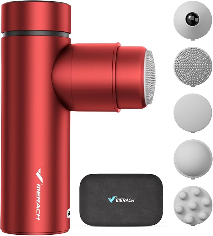 MERACH Mini Massage Gun with 8mm Amplitude, Percussion Massage Tools with 5 Massage Heads, Portable Hand Held Muscle Massagers for Pain Relief Deep Tissue, Cool Gifts for Mens and Women (Red)