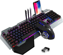 Load image into Gallery viewer, Wireless Gaming Keyboard and Mouse Combo,Rainbow LED Backlit Keyboard with Rechargeable 3800mAh Battery Metal Panel,Removable Wrist Rest Mechanical Feel and 7 Color Mute Gaming Mice for PC PS4 PS5
