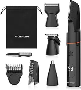 All-in-One Body Hair Trimmer for Men, Waterproof Pubic Groin & Ball Trimmer Men with Adjustable Guide Comb & 4 Interchangeable Trimming Heads (Black)