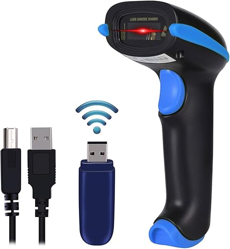 WoneNice Barcode Scanner Wireless 2-in-1 (2.4Ghz Wireless+USB 2.0 Wired) Handheld Bar Code Scanner Reader (Blue)