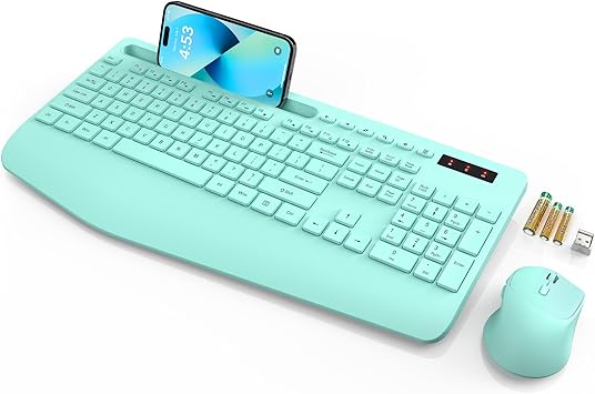 SABLUTE Wireless Keyboard and Mouse, Wrist Rest, Phone Holder, Batteries Included, 2.4G Lag-Free Ergonomic Keyboards Mouse Combo, Silent Keyboard Cordless Set for PC, Laptop, PC, Windows, Mint Green