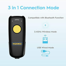 Load image into Gallery viewer, NADAMOO 2D Wireless Barcode Scanner Compatible with Bluetooth, Portable USB 1D 2D QR Code Scanner for Inventory, Bar Code Image Reader for Tablet iPhone iPad Android iOS PC POS, with Charging Dock
