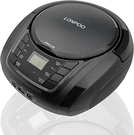 LONPOO Portable Boombox - CD Player, Bluetooth, USB, MP3, AUX, FM Radio, Portable, Built-in Stereo Speakers, Carrying Handle, LCD Display, Black