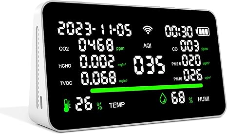 11-in-1 Air Quality Monitor, Indoor CO2/VOC/AQI/PM2.5/Thermometer/Humidity Monitor, Portable Smart Air Quality Meters, Air Quality Tester for Home Office Outdoor, Battery Powered