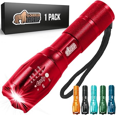 Gorilla Grip Powerful LED 750 FT Water Resistant 5 Adjustable Mode Tactical Flashlight, High Lumens Ultra Bright Zoom Flashlights, Stocking Stuffer Gift, Small Camping Car Mini Flash Light, Red