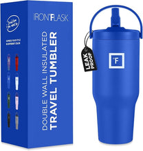 Load image into Gallery viewer, IRON °FLASK Sidekick Insulated Water Tumbler w/Straw &amp; Foldable Handle -Stainless Steel Leak-Proof Bottle, Non-Slip Base &amp; Fits Cup Holders for Hot, Cold Drinks - Travel Mug - 30 Oz, Cobalt Blue
