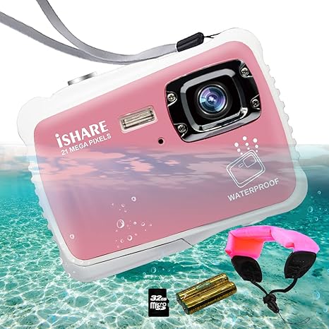 Underwater Camera for Kids - Waterproof Digital Camera with 10FT Underwater, 21MP, 1080P, 8X Digital Zoom, 2.0”LCD, Flash, Mic - Perfect for Girls - Includes Float Strap and 32G Card (Pink)