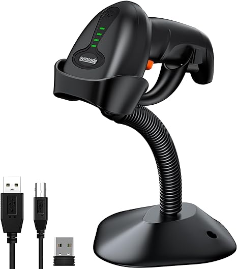 Symcode 2D Wireless Barcode Scanner with Auto-Sensing Stand,Putting on Stand to Scan Automatically Sense Scanning Barcode Scanner with Battery Level Indicator and Multiple Scanner to One Receiver