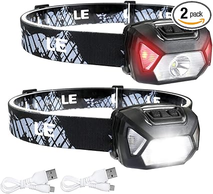 LE Headlamp Rechargeable, LED Head Lamp with 6 Modes for Camping & Hiking Gear Essentials, IPX4 Waterproof High Lumen Bright Headlight Flashlights with Adjustable Headband, USB Cable Included