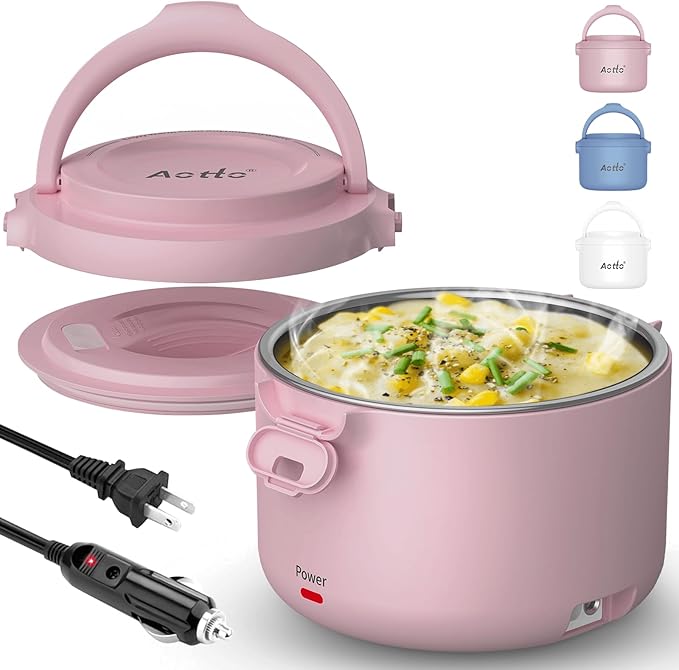 Aotto Electric Lunch Box, 32 oz Portable Food Warmer Heater, Lunch Warmer Portable for Work/Office/Car/Travel 12V/24V/110V 3-in-1, Warming Soup & Meal, Spill-Free, Men & Women's Gifts, Pink