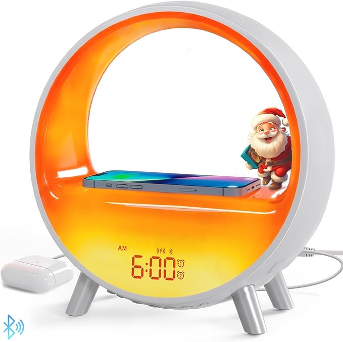 Sunrise Alarm Clocks for Bedrooms, Bluetooth Speaker, White Noise Sound Machine with with Wireless Charging Station, 11 Lights Effects, Wake up Light Sunset Lamp, Gifts for Kids Adults