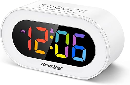 REACHER Small Colorful LED Digital Alarm Clock with Snooze, Simple to Operate, Full Range Brightness Dimmer, Adjustable Alarm Volume, Outlet Powered Compact Clock for Bedrooms, Bedside, Desk, Shelf