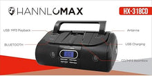 Load image into Gallery viewer, HANNLOMAX HX-318CD Portable CD/MP3/USB Boombox, FM PLL Radio, Bluetooth, 1 USB Port for MP3 Playback, 1 USB Port for 1A Charging, Aux-in Jack, Headphone Jack, AC/DC Dual Power Source. (Black)
