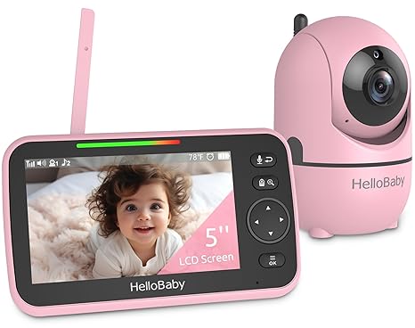 HelloBaby Upgrade Monitor, 5''Sreen with 30-Hour Battery, Pan-Tilt-Zoom Video Baby Monitor with Camera and Audio, Night Vision, VOX, 2-Way Talk, 8 Lullabies, 1000ft Range No WiFi, Ideal Gifts - Pink