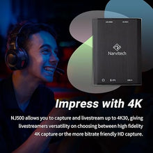 Load image into Gallery viewer, NJ500, 4K External Capture Card. 4K60/2K144/HD240 Passthrough, Stream and Record in 4K30 with ultra-low latency on PS5, Xbox X/S, in OBS and more, on PC and Mac. Supports Party Chat capture.
