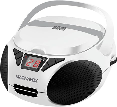 Magnavox MD6924 Portable Top Loading CD Boombox with AM/FM Stereo Radio in Black | CD-R/CD-RW Compatible | LED Display | AUX Port Supported | Programmable CD Player | (White)