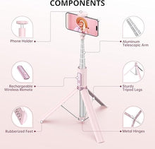 Load image into Gallery viewer, ATUMTEK 55&quot; Selfie Stick Tripod, All-in-one Extendable Aluminum Phone Tripod with Rechargeable Bluetooth Remote for iPhone, Samsung, Google, LG, Sony and More, Fitting 4.7-7 inch Smartphones, Pink
