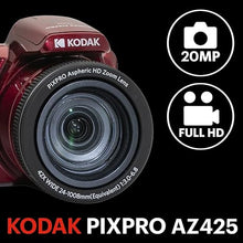 Load image into Gallery viewer, KODAK PIXPRO AZ425-RD 20MP Digital Camera 42X Optical Zoom 24mm Wide Angle 1080P Full HD Video Optical Image Stabilization Li-Ion Battery 3&quot; LCD Vlogging Camera (Red)
