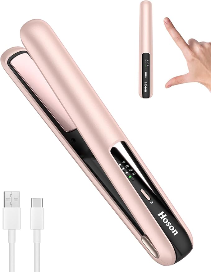 Hoson Cordless Hair Straightener,Portable Mini Flat Iron Travel for Short Hair,USB-C Rechargeable Wireless Hair Straightener and Curler 2 in 1 (Pink)