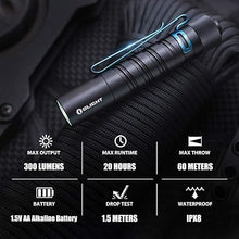 Load image into Gallery viewer, OLIGHT I5T EOS 300 Lumens Slim EDC Flashlight Dual-Output for Camping and Hiking, Tail Switch Flashlight with Beam Distance 196ft, Powered by Single AA Battery, Black
