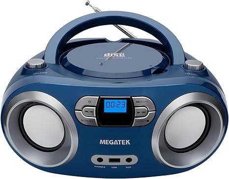 MEGATEK Portable CD Player Boombox with FM Radio, Bluetooth, and USB Port | Clear Stereo Sound | CD-R/RW and MP3 CDs Compatible | 3.5mm Aux Input and Headphone Jack | Backlit LCD Display - Blue Jay