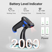 Load image into Gallery viewer, Tera Barcode Scanner Wireless 1D 2D QR with Stand: Battery Level Indicator 3 in 1 Works with Bluetooth 2.4G Wireless USB Wired Handheld Bar Code Reader with Vibration Alert HW0002 Blue
