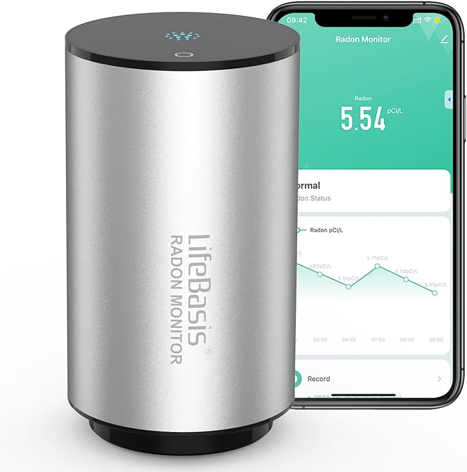 Life Basis Radon Detector for Home, Smart Radon Monitor Fast Capture of Fluctuating Levels, Radon Tester Short & Long-Term Monitoring with Alert Notifications - Connected Mobile App & WiFi