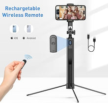 Load image into Gallery viewer, 72-inch Metal Tripod and Selfie Stick for Cell Phone and Camera, Portable Travel Tripod Stand, Rechargeable Remote, 360° Rotation, Compatible with iPhone &amp; Android and Camera, Black
