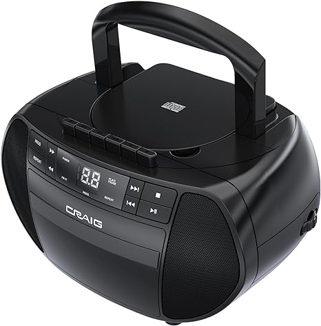 Craig Portable Top-Loading CD Boombox with AM/FM Stereo Radio and Cassette Player/Recorder in Black | Cassette Player/Recorder | LED Display (Black)