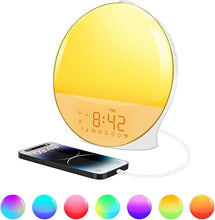 Load image into Gallery viewer, MOSITO New Wake Up Light Digital Alarm Clock for Kids, Teens, Heavy Sleepers, Bedrooms, Sleep Aid, with Sunrise and Sunset Simulation, FM Radio, USB Charging Port, Snooze, RGB Night Light
